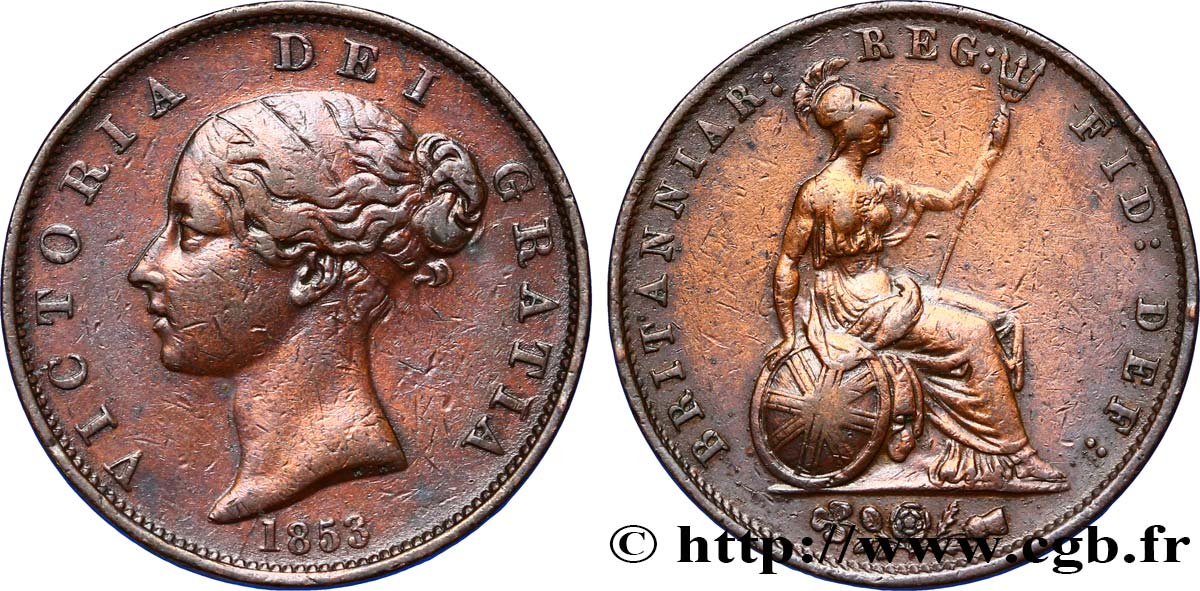 REINO UNIDO 1/2 Penny Victoria “tête jeune” 1853  BC+ 