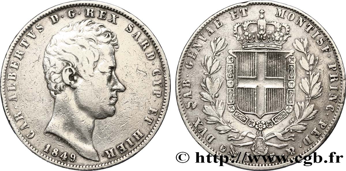 ITALY - KINGDOM OF SARDINIA 5 Lire Charles Albert, roi de Sardaigne 1849 Gênes VF 