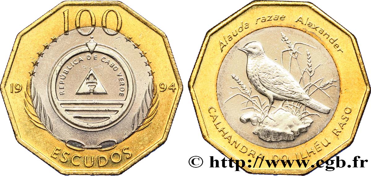 CAPO VERDE 100 Escudos série ornithologique  : emblème / Alauda razae (Alouette de Razo) 1994  SPL 