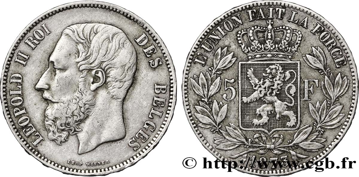 BELGIEN 5 Francs Léopold II tranche position B 1873  SS 