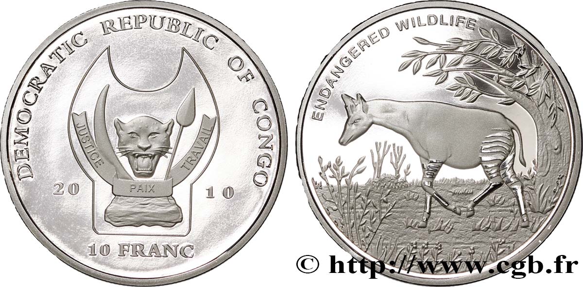 DEMOKRATISCHE REPUBLIK KONGO 10 Franc(s) Proof Espèces en danger : okapi 2010  ST 