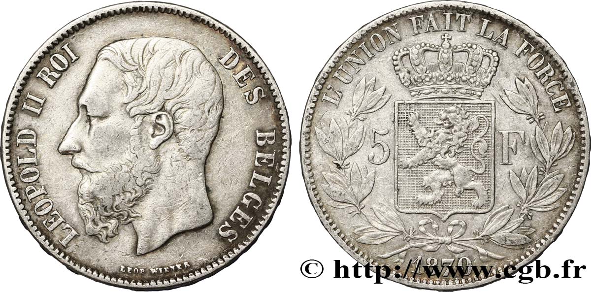 BELGIUM 5 Francs Léopold II / Écu couronné 1870  VF 