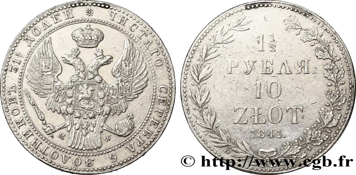 POLAND 1 1/2 Roubles Aigle bicéphale 1841 Varsovie XF 