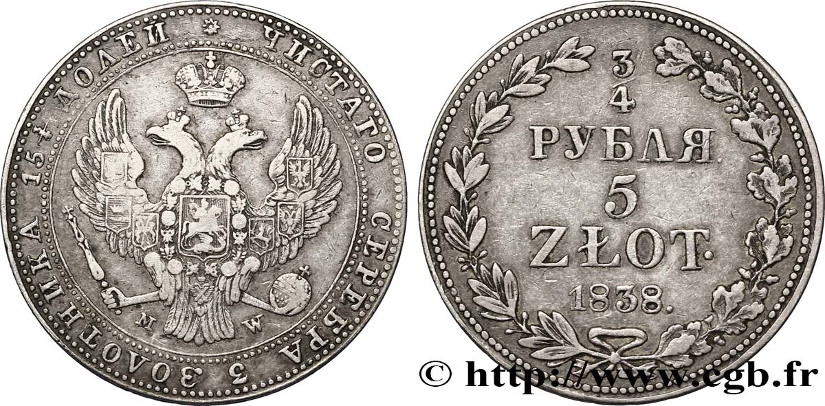 POLONIA 3/4 Roubles - 5 Zlotych 1838 Varsovie BB 