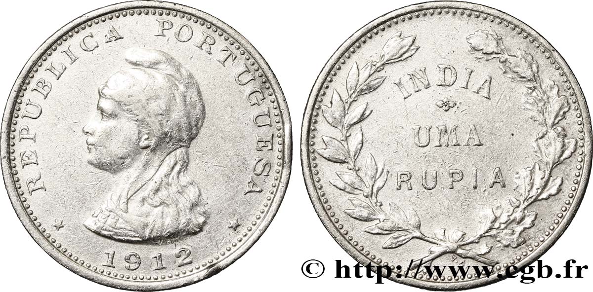 INDIA PORTOGHESE 1 Roupie Allégorie de la République Portugaise 1912  BB 