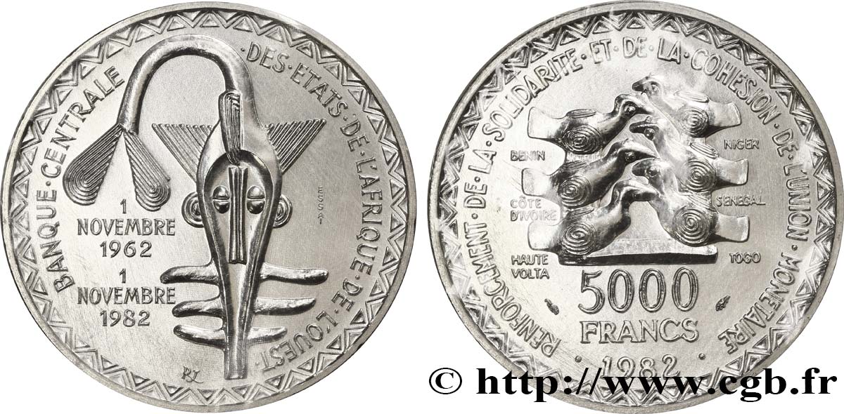 ESTADOS DE ÁFRICA DEL OESTE Essai de 5000 Francs masque / oiseau 20e anniversaire de l’Union Monétaire 1982 Paris FDC 