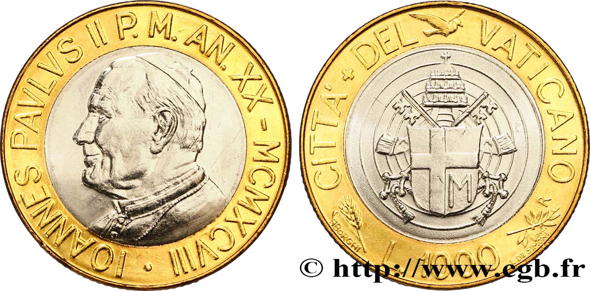 VATICAN AND PAPAL STATES 1000 Lire Jean Paul II armes an XX /  armes pontificales 1998  MS 