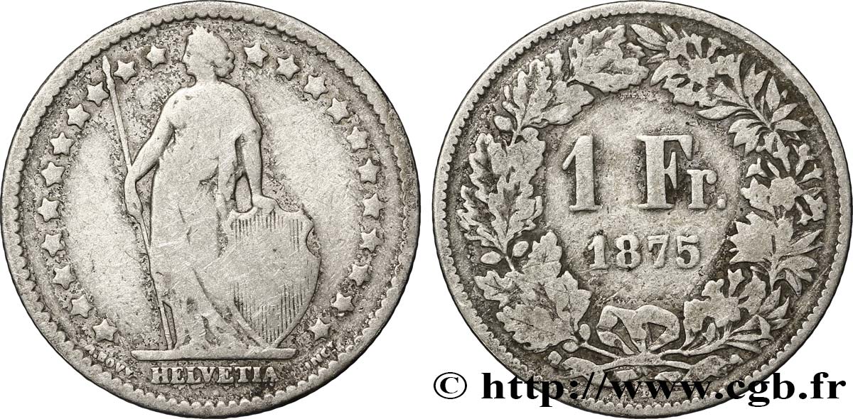 SWITZERLAND 1 Franc Helvetia 1875 Berne - B VF 