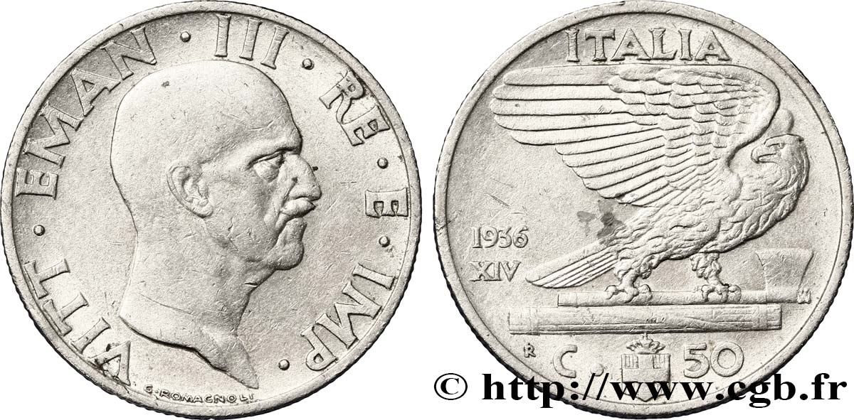 ITALIE 50 Centesimi  Victor Emmanuel III an XIV / aigle sur faisceau 1936 Rome - R TTB 