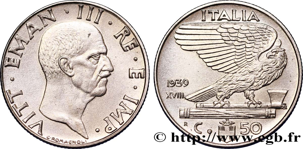ITALIEN 50 Centesimi  Victor Emmanuel III an XVIII / aigle sur faisceau 1939 Rome - R VZ 