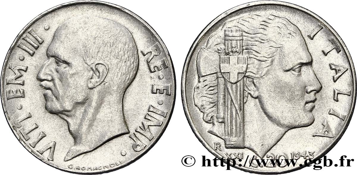 ITALIA 20 Centesimi roi Victor-Emmanuel III / allégorie de l’Italie et faisceau an XXI 1943 Rome - R EBC 