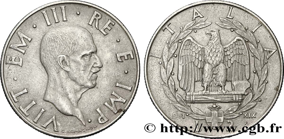 ITALIE 2 Lire Victor Emmanuel III an XIX / aigle faisceau de licteur 1941 Rome - R TTB 