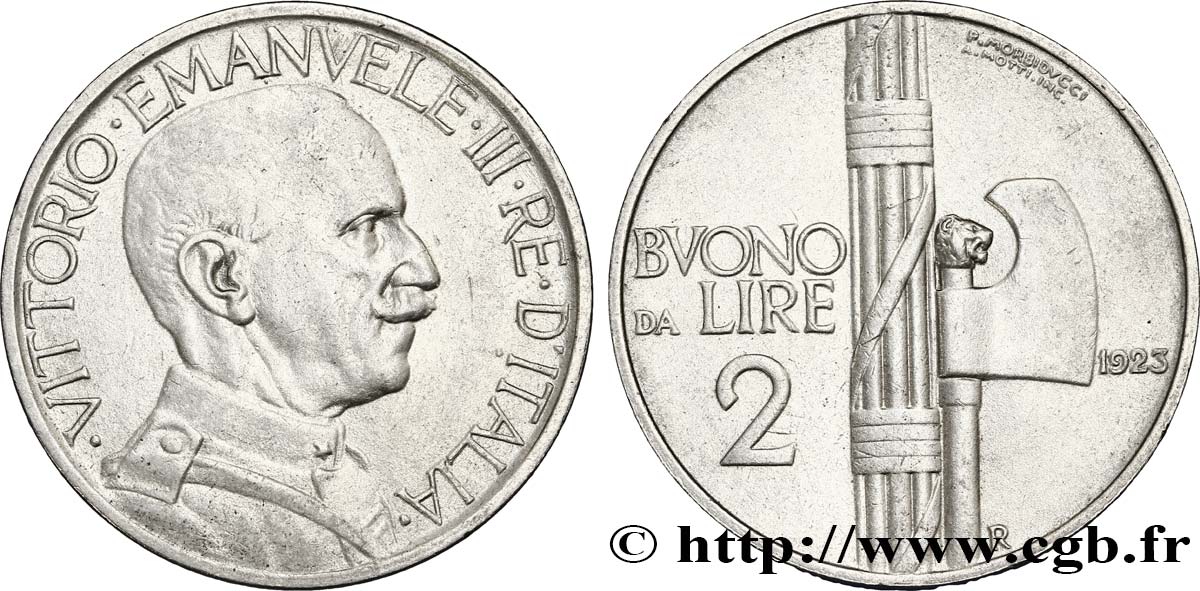 ITALIA Bon pour 2 Lire (Buono da Lire 2) Victor Emmanuel III / faisceau de licteur 1923 Rome - R MBC 