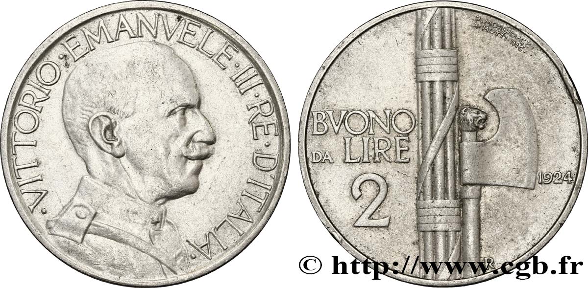 ITALY Bon pour 2 Lire (Buono da Lire 2) Victor Emmanuel III / faisceau de licteur 1924 Rome - R XF 