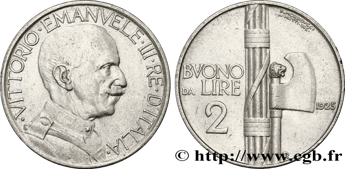 ITALIA Bon pour 2 Lire (Buono da Lire 2) Victor Emmanuel III / faisceau de licteur 1925 Rome - R MBC 
