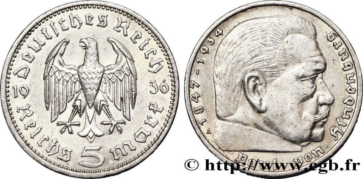 GERMANIA 5 Reichsmark Maréchal Paul von Hindenburg 1936 Berlin BB 