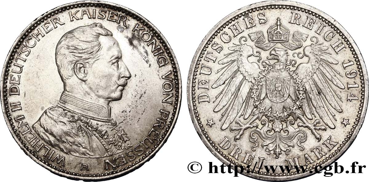 DEUTSCHLAND - PREUßEN 3 Mark Guillaume II roi de Prusse et empereur en uniforme / aigle héraldique 1914 Berlin VZ 