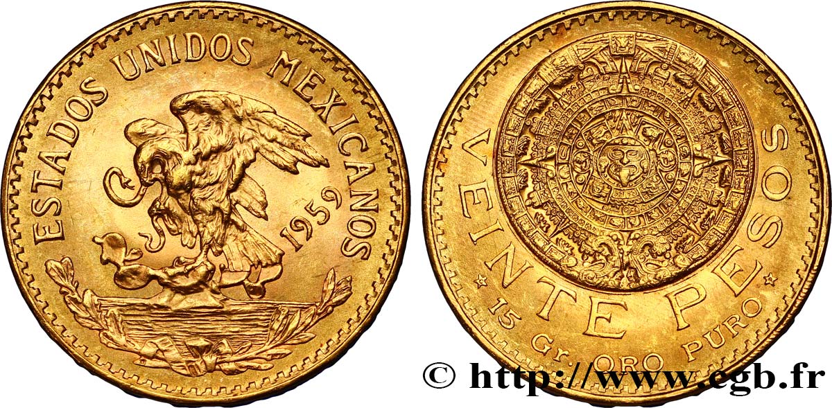 MEXIKO 20 Pesos or Aigle du Mexique / la “Pierre du Soleil” (calendrier aztèque) 1959 Mexico fST 