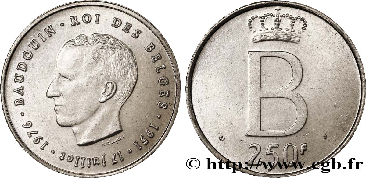 BÉLGICA 250 Francs jubilé d’argent du roi Baudouin légende française 1976 Bruxelles EBC 