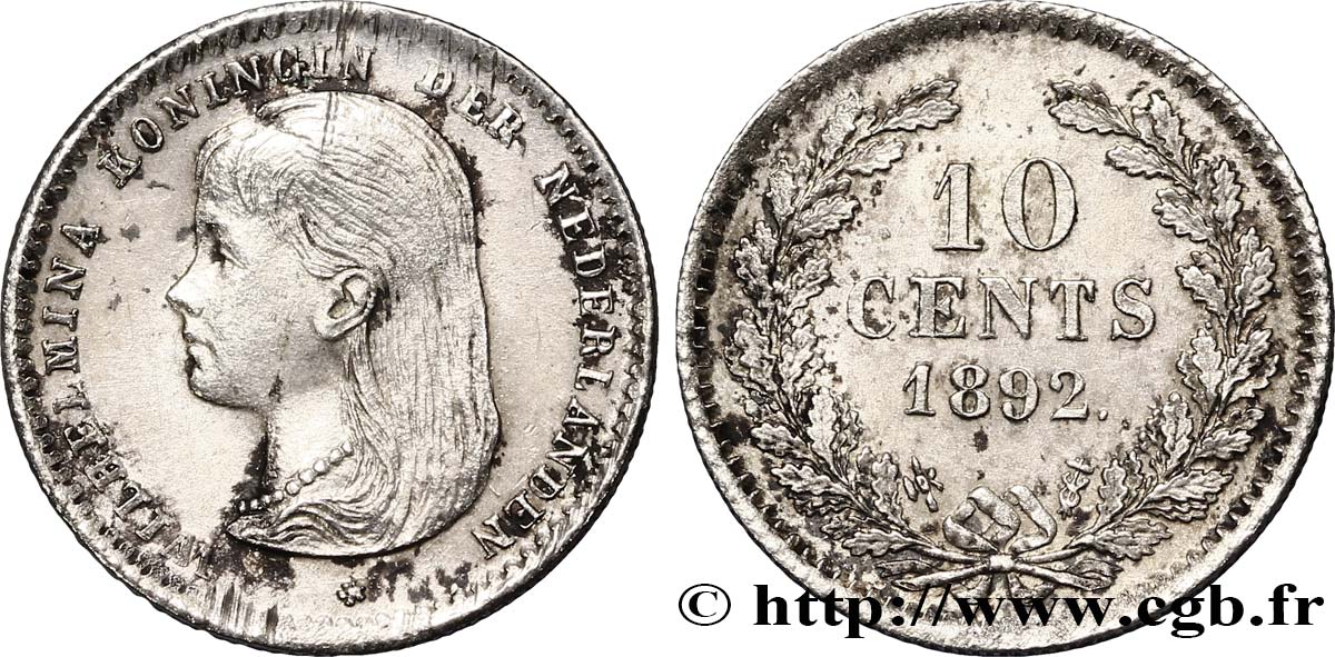 NETHERLANDS 10 Cents Wilhelmina 1892 Utrecht AU 