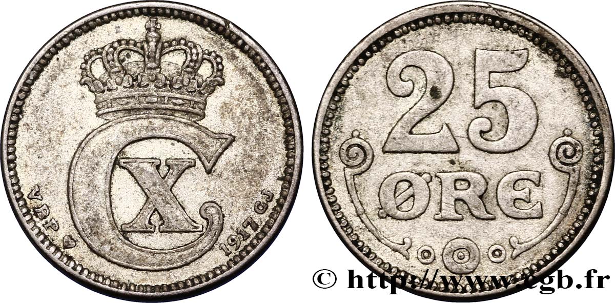 DENMARK 25 Ore monogramme de Christian X roi du Danemark 1917 Copenhague XF 