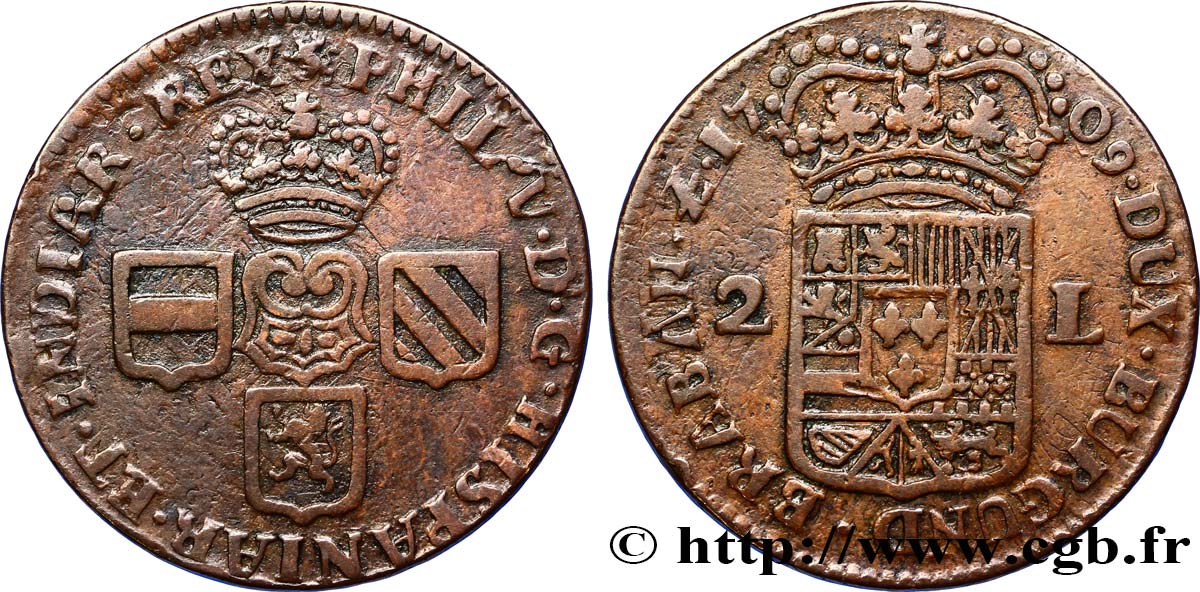 BÉLGICA - NAMUR 2 Liards au nom de Philippe V d’Espagne 1709 Namur BC+ 