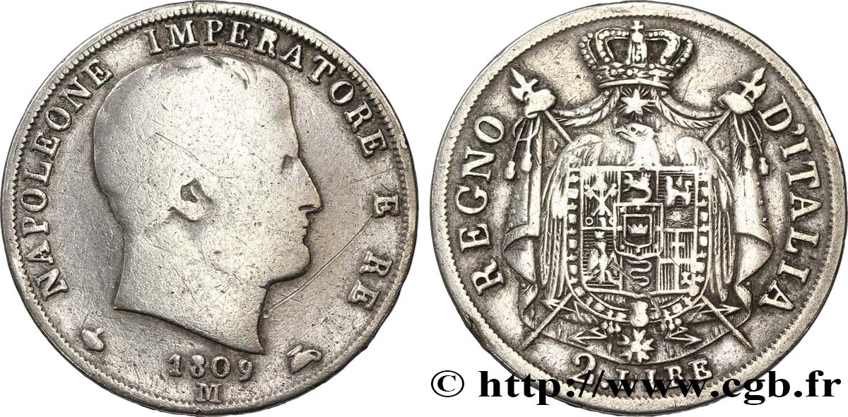 ITALY - KINGDOM OF ITALY - NAPOLEON I 2 Lire Napoléon Empereur et Roi d’Italie tranche en creux 1809 Milan - M VF 