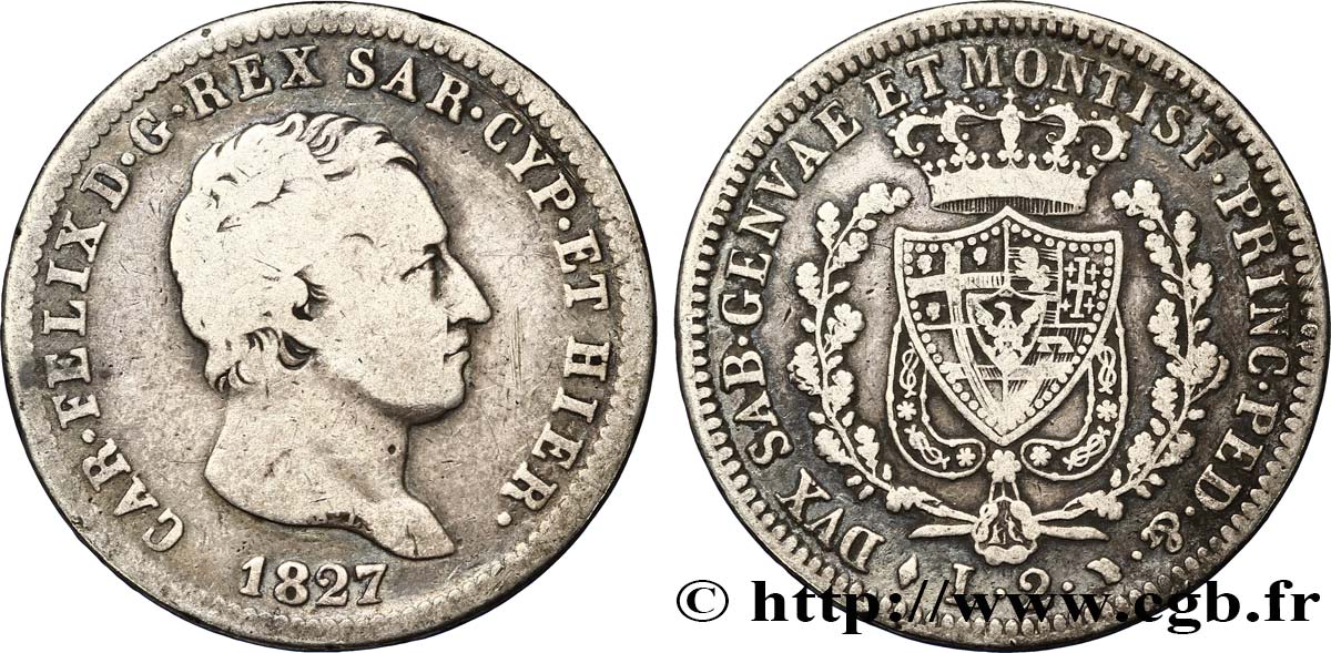 ITALY - KINGDOM OF SARDINIA 2 Lire Charles-Félix 1827 Turin VF 