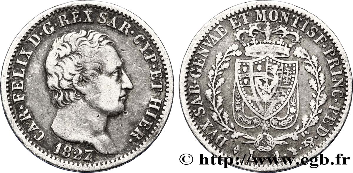 ITALIA - REGNO DE SARDINIA 1 Lira Charles Félix 1827 Turin MB 