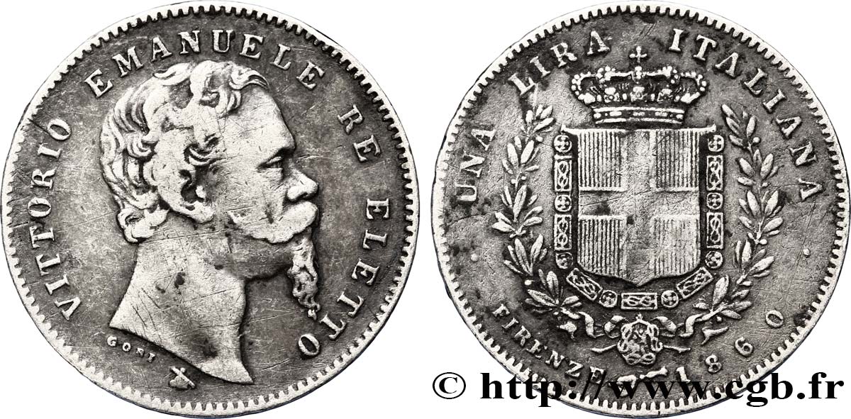 ITALY 1 Lira Victor Emmanuel II Roi élu 1860 Florence VF 