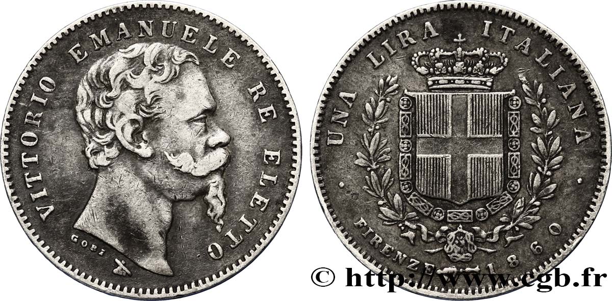 ITALY 1 Lira Victor Emmanuel II Roi élu 1860 Florence XF 