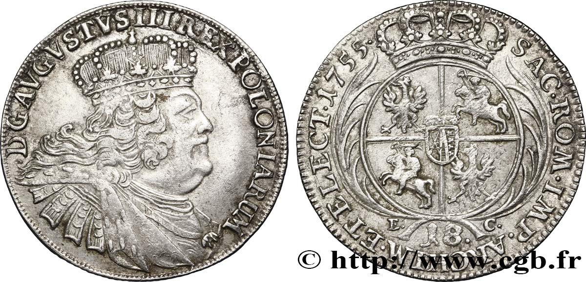 POLONIA 18 Groschen Auguste III 1755 Leipzig MBC 