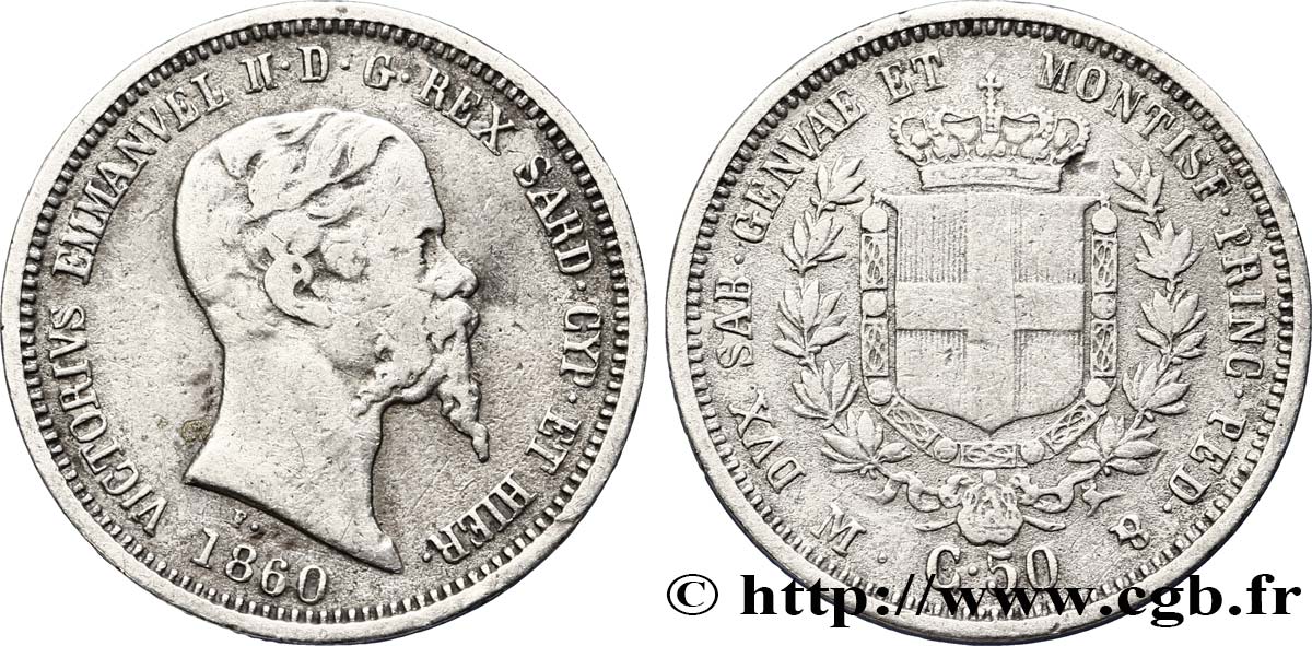 ITALY - KINGDOM OF SARDINIA 50 Centesimi Victor Emmanuel II 1860 Milan VF 
