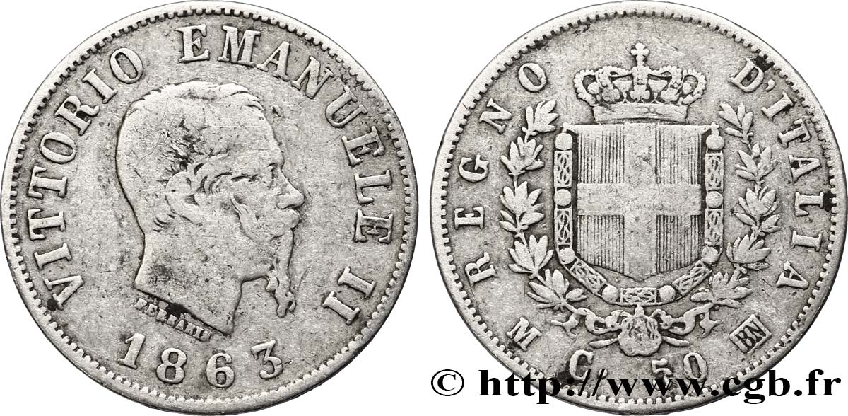 ITALIA 50 Centesimi Victor Emmanuel II type à l’écu 1863 Milan MB 