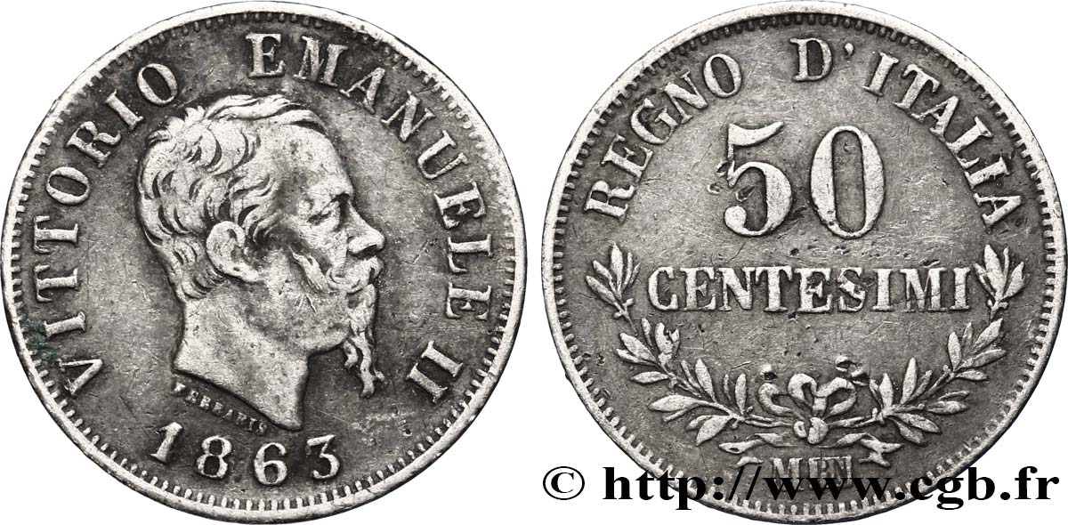 ITALIA 50 Centesimi Victor Emmanuel II 1863 Milan - M MBC 