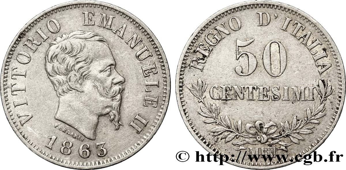 ITALIA 50 Centesimi Victor Emmanuel II 1863 Milan - M BB 