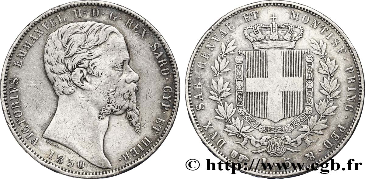 ITALIE - ROYAUME DE SARDAIGNE 5 Lire Victor Emmanuel II, roi de Sardaigne 1850 Turin TB+ 