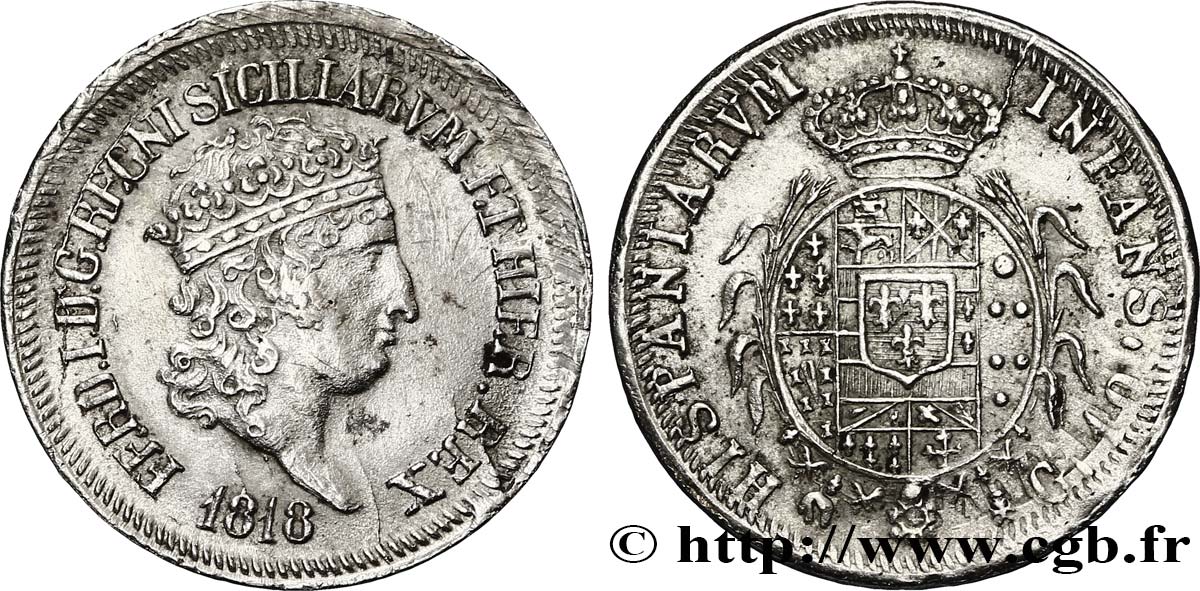 ITALY - KINGDOM OF THE TWO SICILIES 1 Carlino de 10 Grana Ferdinand Ier 1818 Naples AU 