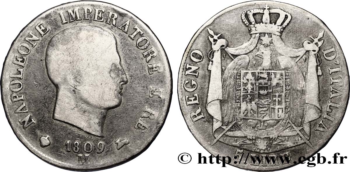 ITALY - KINGDOM OF ITALY - NAPOLEON I 5 lire Napoléon Empereur et Roi d’Italie, 2ème type, tranche en creux 1809 Milan VG 
