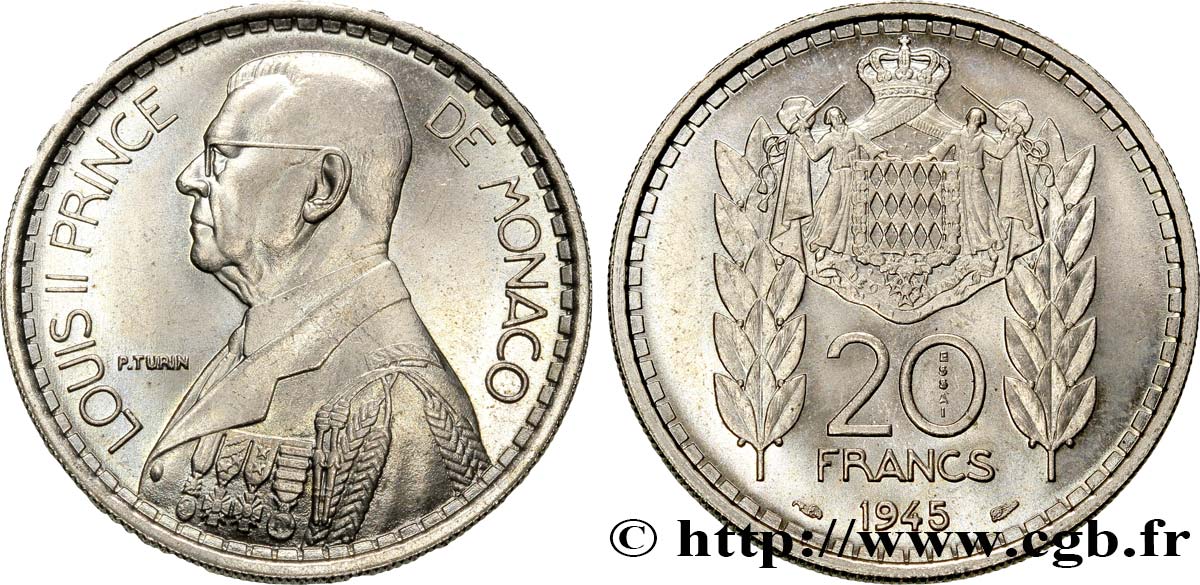 MONACO Essai de 20 Francs Louis II 1945 Paris FDC65 