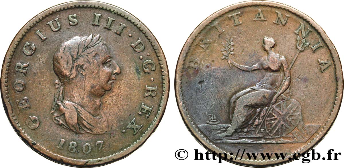 ROYAUME-UNI 1/2 Penny Georges III tête laurée 1807  TB 