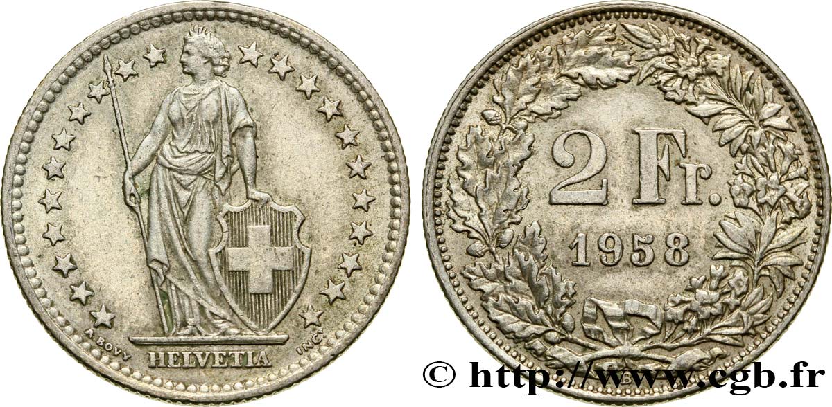 SUIZA 2 Francs Helvetia 1958 Berne - B EBC 