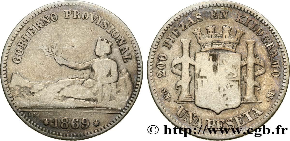 SPAIN 1 Peseta monnayage provisoire (1869) avec mention “Gobierno Provisional” 1869 Madrid VF 