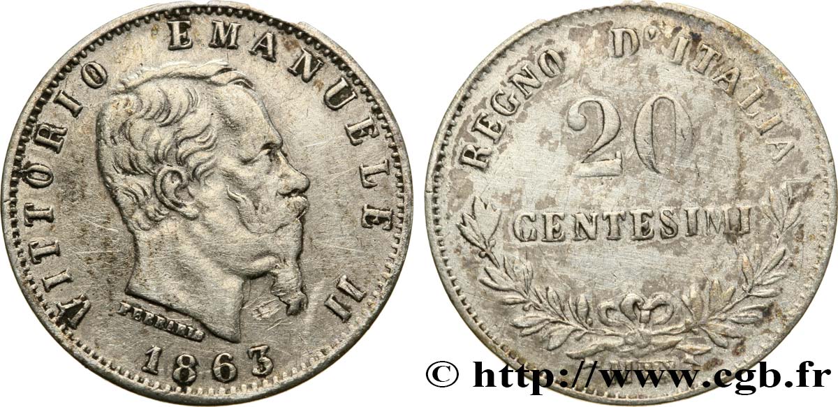ITALY 20 Centesimi Victor Emmanuel II 1863 Milan - M XF 