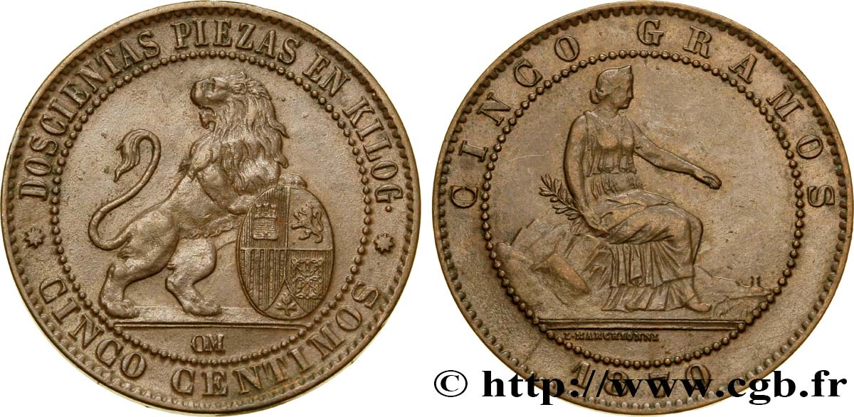 SPAGNA 5 Centimos “ESPAÑA” assise / lion au bouclier 1870 Oeschger Mesdach & CO SPL 