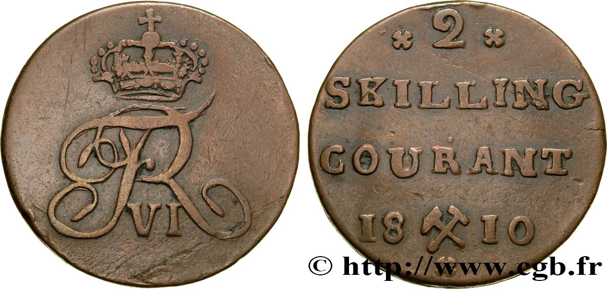 NORWAY 2 Skilling monogramme de Frédéric VI roi du Danemark variété avec fleurettes à 5 pétales 1810 Kongsberg VF 