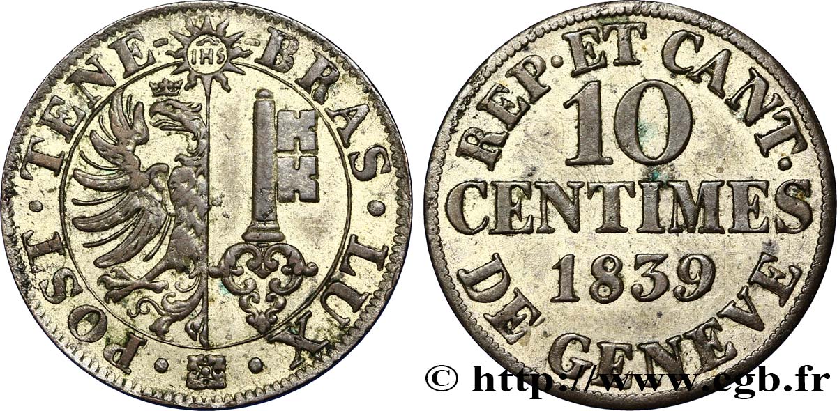 SVIZZERA - REPUBBLICA DE GINEVRA 10 Centimes - Canton de Genève 1839  q.SPL 