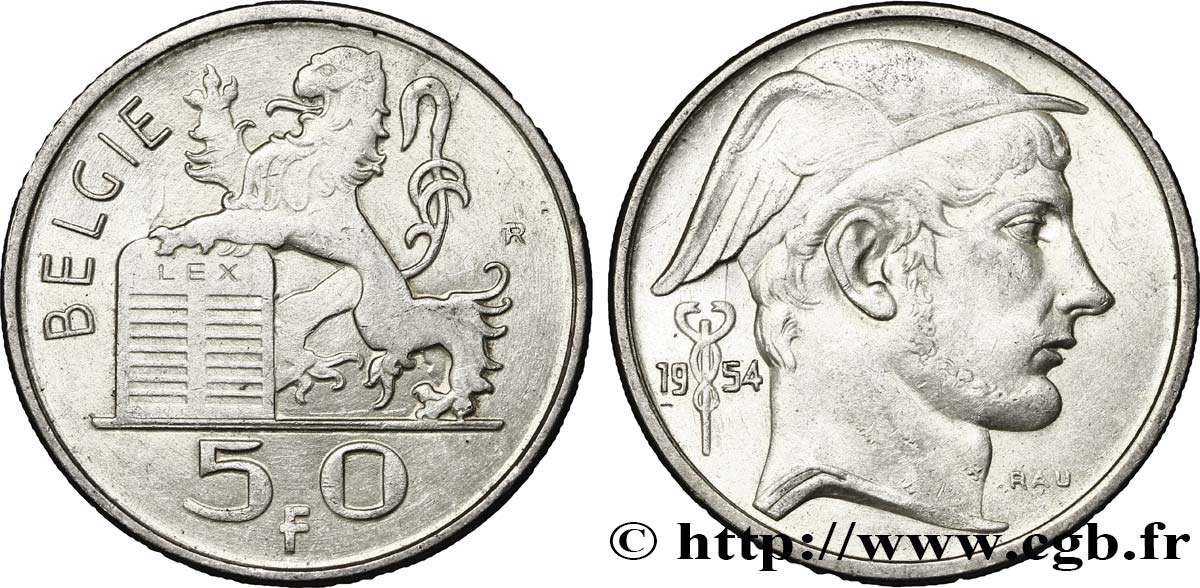 BELGIUM 50 Francs lion posé sur les tables de la loi / Mercure légende flamande 1954  AU 