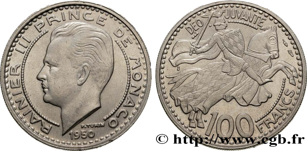 MONACO 100 Francs Rainier III / chevalier Grimaldi 1950 Paris fVZ 