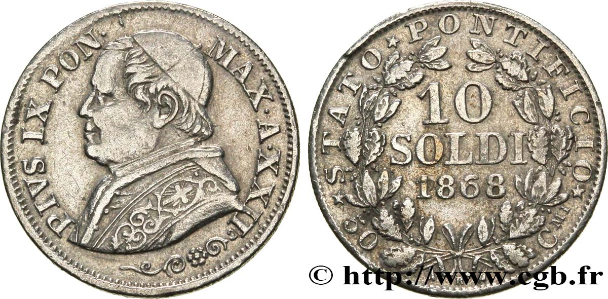 VATICAN AND PAPAL STATES 10 Soldi (50 Centesimi) Pie IX an XXII 1868 Rome VF 